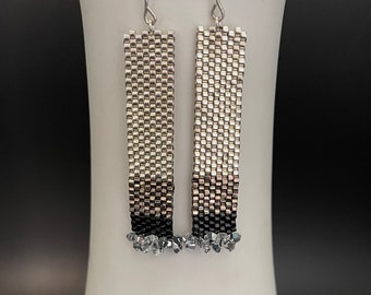 Peyote Stitch Woven Earrings, Peyote Stitch Earrings, Silver earrings, woven earrings, crystal earrings, Artisan Jewelry, Sher Berman