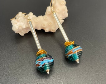Elegant long earrings, turquoise earrings, silver earrings, gold earrings, Lampwork Bead Earrings, Artisan Jewelry, Sher Berman