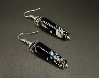 Dramatic Black and Silver Lampwork Glass Bead Earrings- Lampwork Bead Earrings Artisan Jewelry Sher Berman