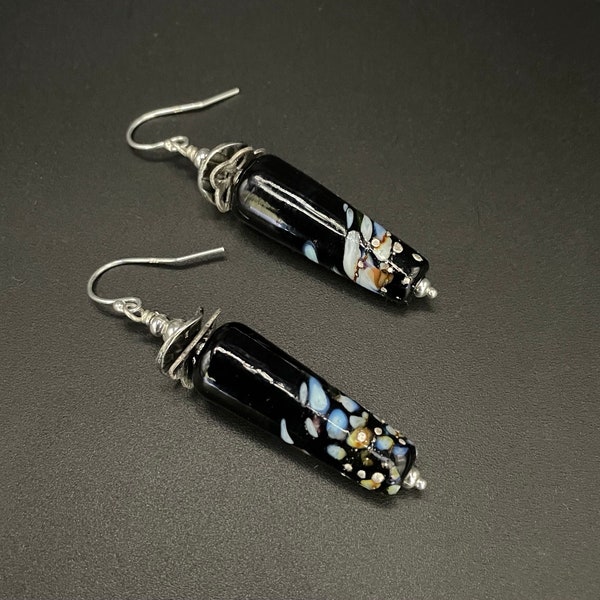 Dramatic Black and Silver Lampwork Glass Bead Earrings- Lampwork Bead Earrings Artisan Jewelry Sher Berman