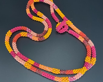 Long bead crochet toggle necklace, Bead Crochet Necklace, warm colors, crochet necklace, Japanese Glass Beads, Artisan Jewelry, Sher Berman