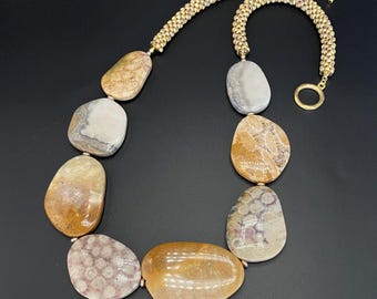 Fossil Coral Agate Crochet Necklace, unusual stone necklace, One-of-a-kind necklace, statement necklace, bold necklace, Sher Berman