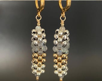Woven Beaded Earrings: Sterling Silver, Gold Fill, labradorite, Enamel, Artisan Jewelry, Sher Berman