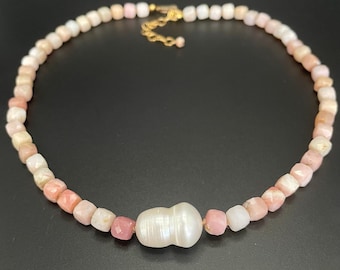 Hand knotted gemstone necklace, pearl necklace, Peruvian pink opal necklace, white baroque pearl necklace, Artisan jewelry, Sher Berman