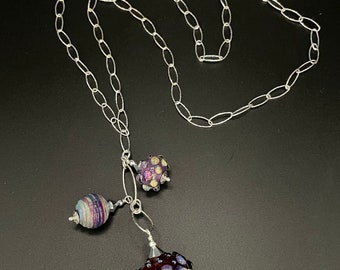Lampwork glass and sterling silver chain necklace, lampwork glass bead necklace, Artisan Jewelry, Sher Berman