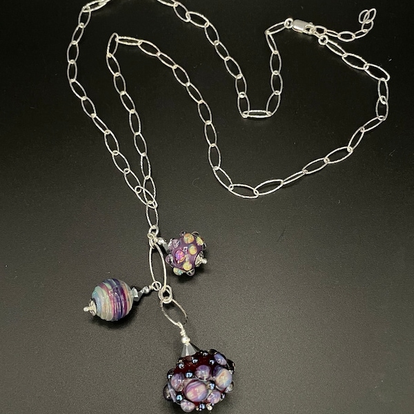 Lampwork glass and sterling silver chain necklace, lampwork glass bead necklace, Artisan Jewelry, Sher Berman