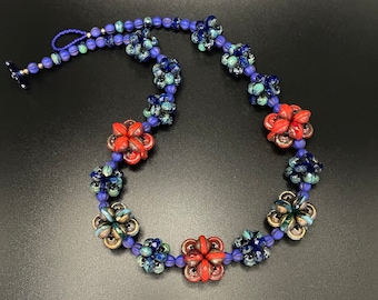Beaded Bead Necklace, woven glass beads, Czech glass beaded necklace, red necklace, blue necklace, artisan jewelry, Sher Berman