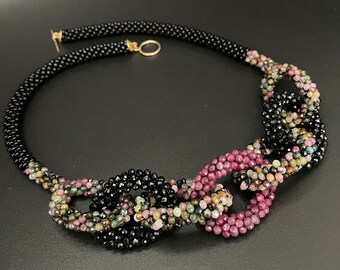 Crochet Ring Necklace, pink tourmaline necklace, spinel necklace, multi tourmaline necklace, Bead Crochet, Artisan Jewelry, Sher Berman