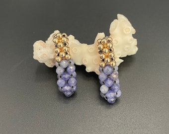 Intricate woven Bead earrings, tanzanite earrings, tanzanite, faceted tanzanite, gold earrings, woven earrings, artisan jewelry, Sher Berman