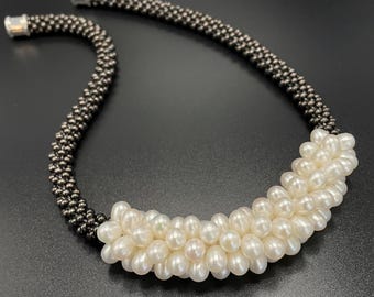 Freshwater Pearl Necklace, pearl necklace, pearl crochet necklace, white pearl necklace, Artisan jewelry, Sher Berman
