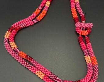 Bead Crochet Necklace, double strand bead crochet necklace, pink Bead Crochet Necklace, Artisan Jewelry, Sher Berman