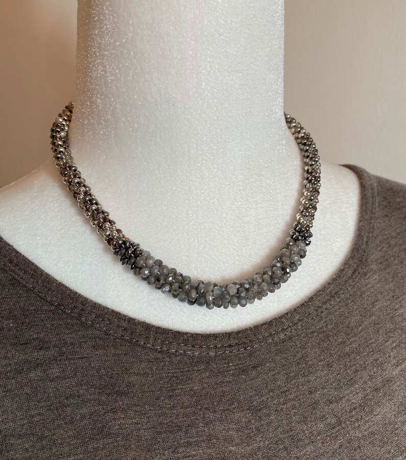 Faceted Silverite Bead Crochet Necklace crochet necklace crocheted beads artisan jewelry Silverite necklace Sher Berman