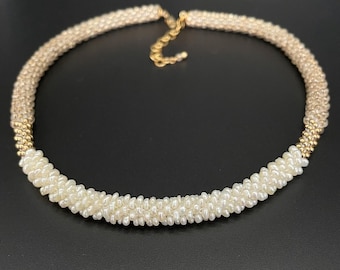 Pearl Necklace, freshwater seed Pearl necklace, pearl crochet necklace, Handmade Gold-Filled Jewelry
