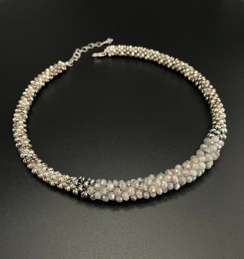 Faceted Silverite Bead Crochet Necklace crochet necklace crocheted beads artisan jewelry Silverite necklace Sher Berman