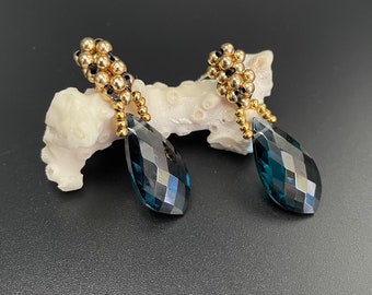 Hydro London blue quartz Earrings, quartz Earrings, gold fill Earrings, woven earrings, Woven Bead Earrings, Artisan Jewelry, Sher Berman