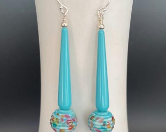 Elegant long earrings, turquoise blue earrings, silver earrings, Lampwork Bead Earrings, Artisan Jewelry, Sher Berman