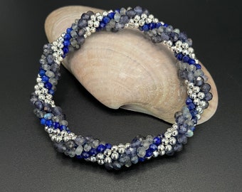 Bead Crochet Bangle: Sterling Silver, Lapis & Iolite Gemstone Bracelet