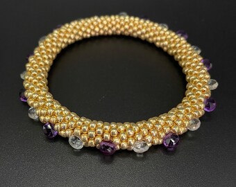 Bead Crochet Bangle, Amethyst briolettes, Aquamarine briolettes, crocheted bangle, gold bangle, artisan jewelry, Sher Berman Designs