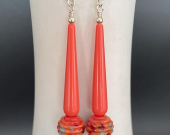 Elegant long earrings, coral color earrings, silver earrings, Lampwork Bead Earrings, Artisan Jewelry, Sher Berman