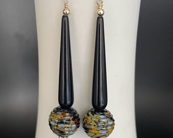 Elegant long earrings, black earrings, silver earrings, Lampwork Bead Earrings, Artisan Jewelry, Sher Berman