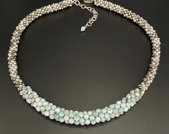Larimar Bead Crochet Necklace, larimar necklace, faceted larimar beaded necklace, larimar gemstone, Artisan jewelry, Sher Berman Designs