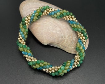 Bead Crochet Bangle: Peridot, Apatite & Gold Fill Bracelet