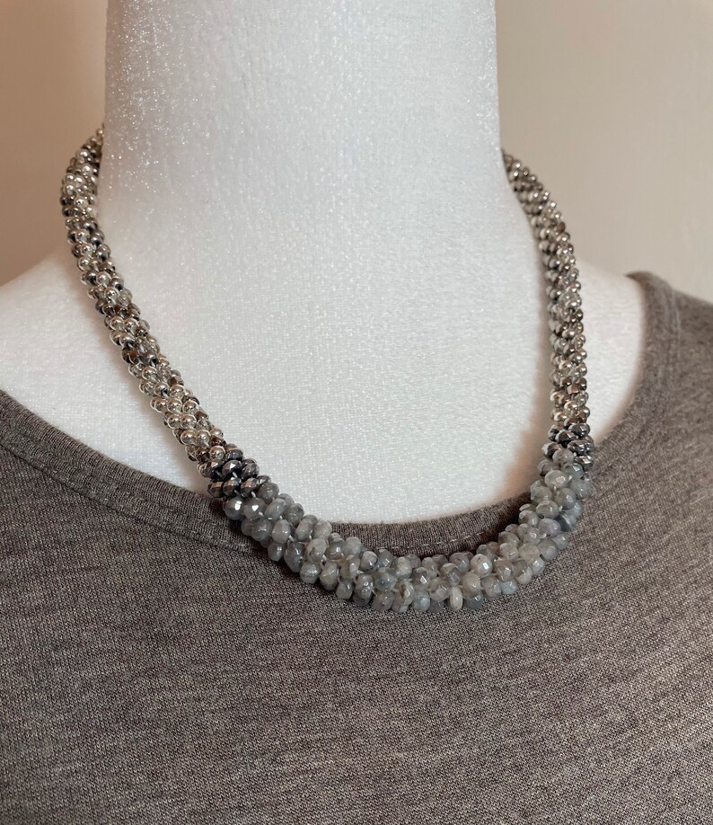 Faceted Silverite Bead Crochet Necklace crochet necklace crocheted beads artisan jewelry Silverite necklace Sher Berman