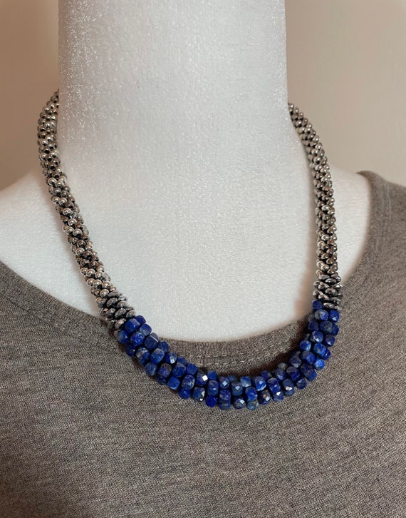 Faceted Silverite Bead Crochet Necklace crochet necklace crocheted beads artisan jewelry Silverite necklace Sher Berman