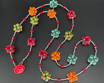 Beaded Bead long Necklace, bright colored necklace, woven beadwork, Czech glass beaded necklace, artisan jewelry, Sher Berman