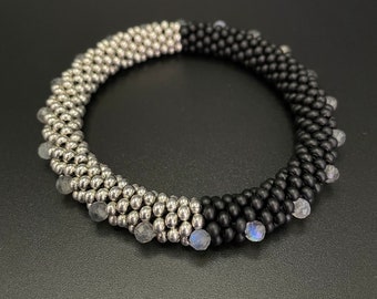 Bead Crochet Bangle: Labradorite Gemstone, Mixed Metal Bracelet