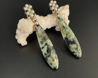 African turquoise Earrings, stone Earrings, sterling silver Earrings, woven earrings, Woven Bead Earrings, Artisan Jewelry, Sher Berman