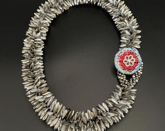 Dramatic statement necklace, silver dagger necklace, crochet necklace, silver dagger crochet necklace, artisan jewelry, Sher Berman