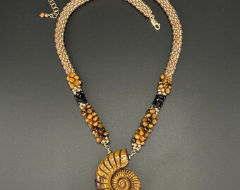 Tiger's Eye necklace, Ammonite Necklace, hand carved tigers eye necklace, Artisan Jewelry, Sher Berman