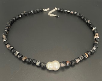 Hand knotted gemstone necklace, pearl necklace, black tourmaline necklace, white baroque pearl necklace, Artisan jewelry, Sher Berman