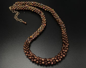 Faceted hematite necklace, bead Crochet Necklace, Hematite necklace, bronze necklace, Crocheted Beads, Artisan Jewelry, Sher Berman