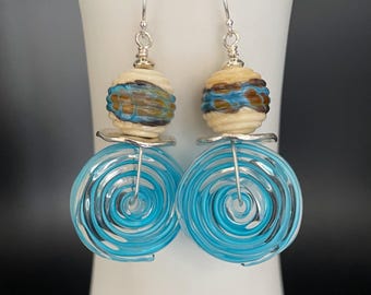 Lampwork glass disc earrings, blue earrings, Lampwork earrings, glass bead earrings, disc earrings, artisan jewelry, Sher Berman