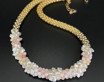 Pearl Necklace, keshi Pearl necklace, white keshi pearls, Peruvian pink opal necklace, gold necklace, Artisan Jewelry, Sher Berman