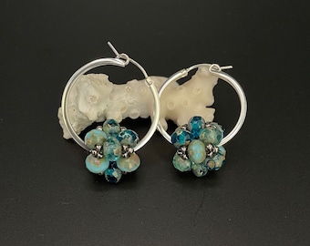 Woven Czech Glass Bead Earrings: Sterling Silver Hoops