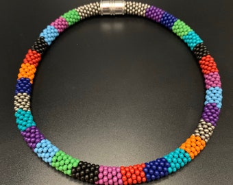 Rainbow Bead Crochet Necklace: Bright Enamel Beads, Sterling Silver Clasp