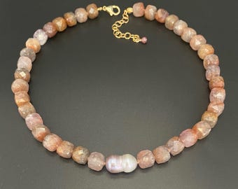 Hand knotted gemstone necklace, pearl necklace, Auralite necklace, white baroque pearl necklace, Artisan jewelry, Sher Berman