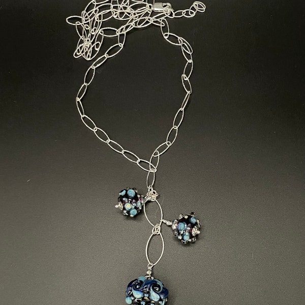 Lampwork glass and sterling silver chain necklace, lampwork glass bead necklace, Artisan Jewelry, Sher Berman