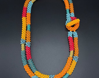 Bead Crochet Necklace, double strand crochet necklace, bright colored necklace, Turquoise, Yellow, Red, Orange, Artisan Jewelry, Sher Berman