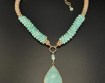Amazonite necklace, faceted amazonite necklace, Crochet Necklace, amazonite heishi beads, Artisan Jewelry, Sher Berman