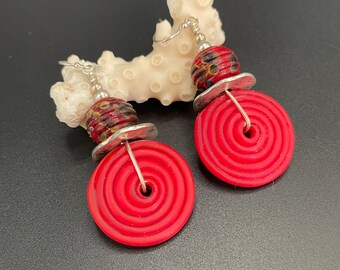 Lampwork Bead Earrings, Red Earrings, glass disc Earrings, lampwork glass Earrings, beaded earrings, Artisan Jewelry, Sher Berman
