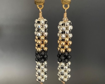 Metallic Woven Beaded Earrings: Sterling Silver, Gold Fill, Black Enamel