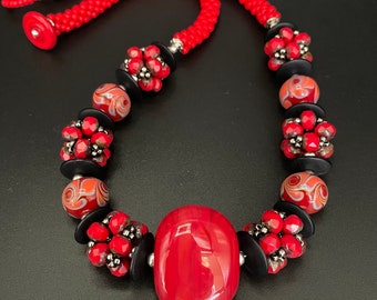 Lampwork glass and bead crochet necklace, Red Lampwork glass necklace, bead crochet necklace, artisan jewelry, Sher Berman