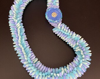 Bead Crochet Necklace, blue dagger necklace, dagger necklace, bead crochet necklace, crocheted beads, artisan jewelry, Sher Berman