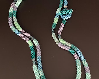 Bead Crochet Necklace, long necklace, turquoise green necklace, ocean colors, Artisan Jewelry, Sher Berman Designs
