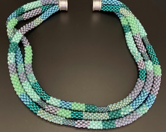 Bead Crochet Necklace, Triple Strand necklace, turquoise green necklace, ocean colors, Artisan Jewelry, Sher Berman Designs