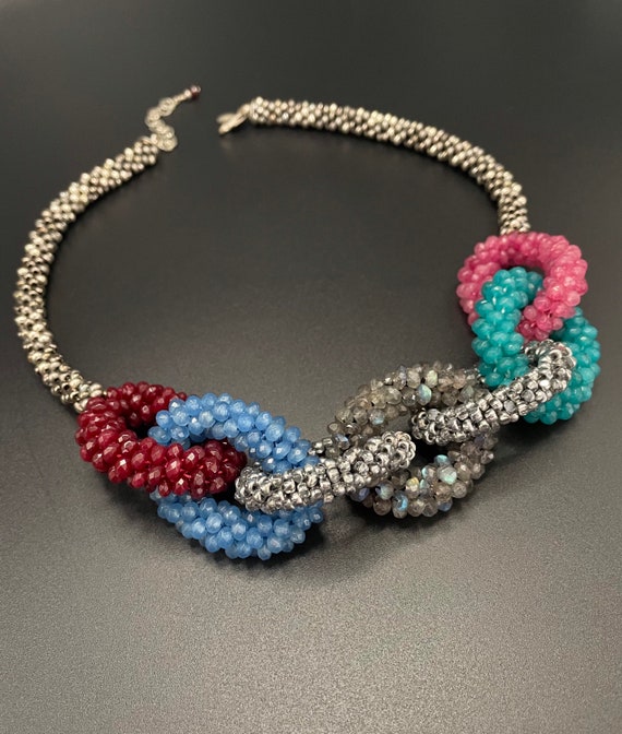 Faceted Silverite Bead Crochet Necklace crochet necklace crocheted beads artisan jewelry Silverite necklace Sher Berman